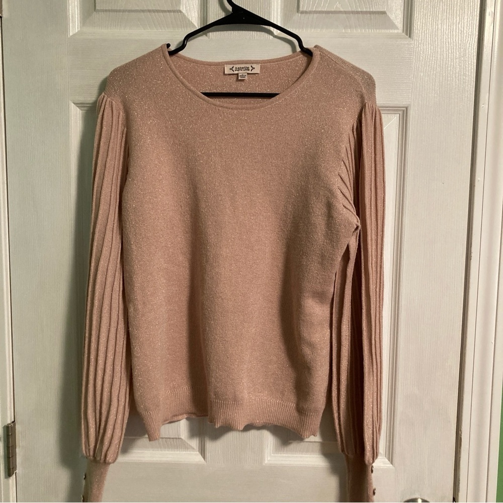 Nanette Lepore champagne pink metallic sweater with pleated sleeves